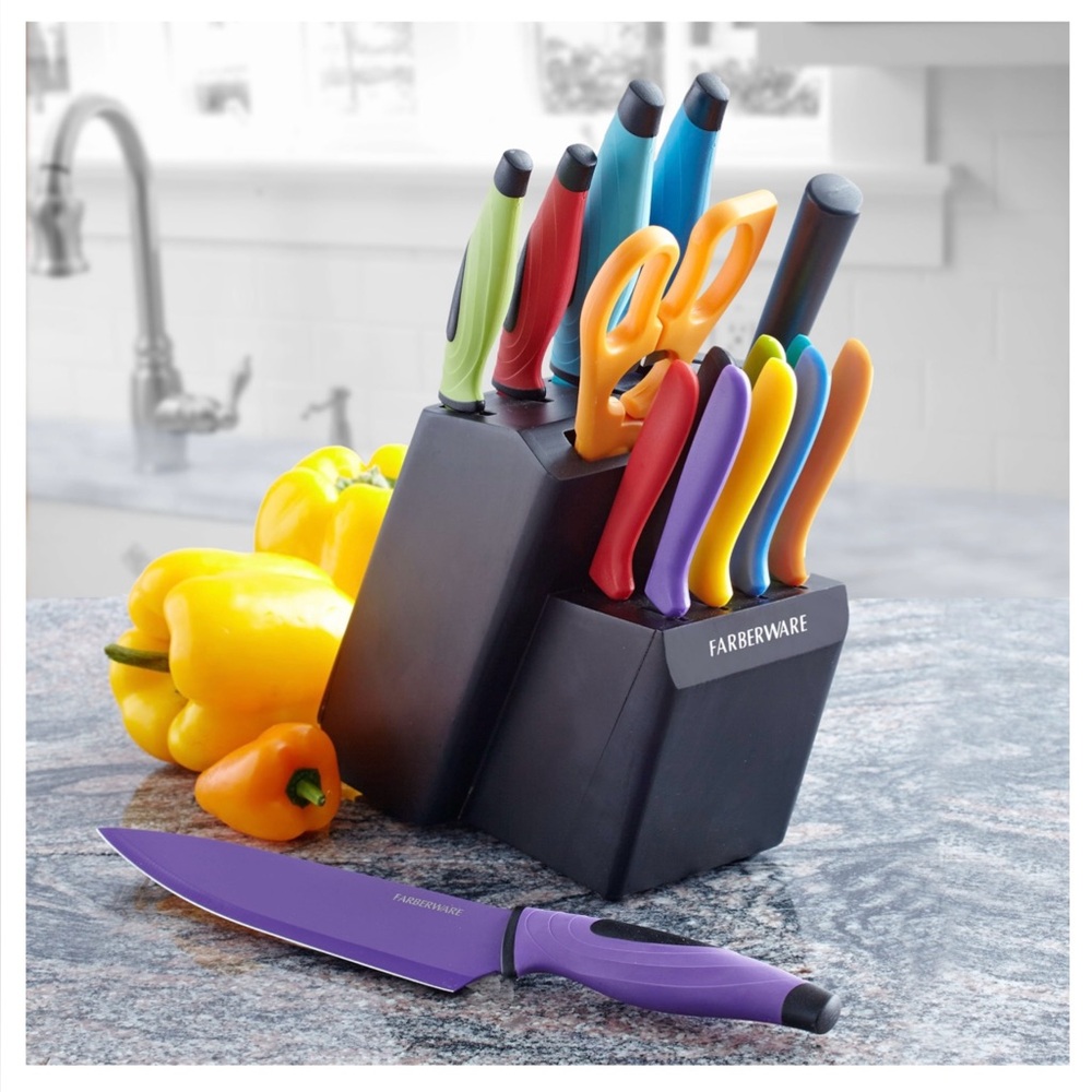 NEW Farberware 16 pc Multicolor Knife Set with Black Block NIB NWT
